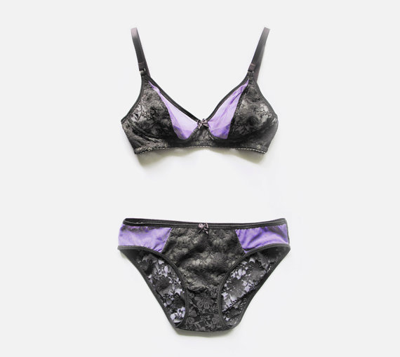 Hochzeit - Romantic and Comfortable lingerie set. Dark gray Soft triangle Bra with Bikini style panties. feminine. Handmade to Order by EgrettaGarzetta