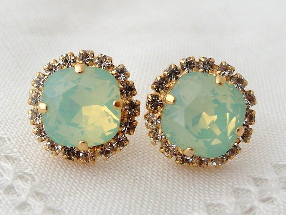 Hochzeit - Mint opal crystal stud earrings,  mint sea foam Swarovski Rhinestone stud earrings, Bridal earrings, Bridesmaid earrings, Gold or silver