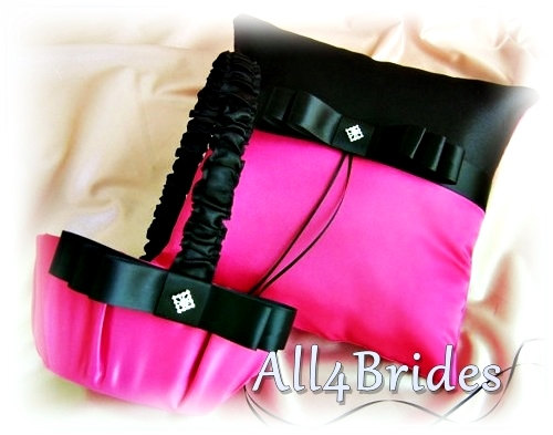 Hochzeit - Black and Fuchsia Pink Wedding Flower Girl Basket and Ring Bearer Pillow, Weddings Ceremony Accessories Decor
