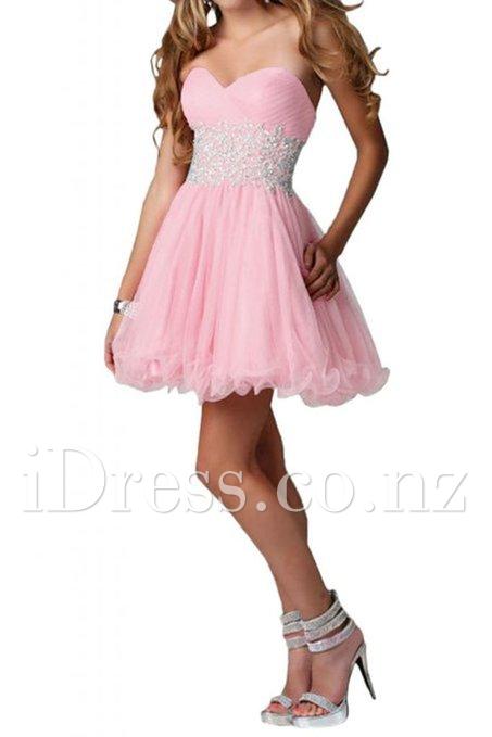 زفاف - Lace Appliqued Pink Tulle Mini Prom Dress