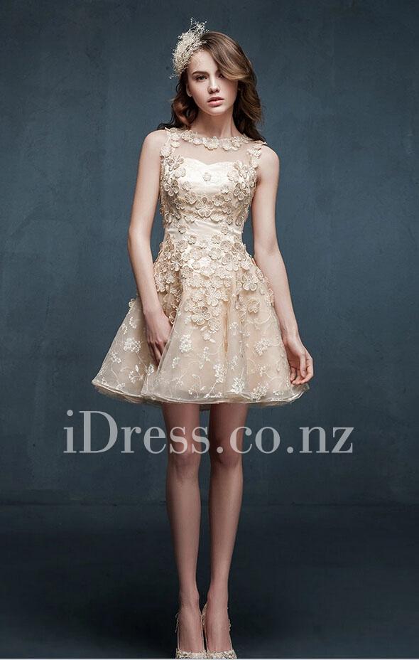 Hochzeit - Gorgeous Flower Lace Appliqued Champagne A-line Short Illusion Prom Dress