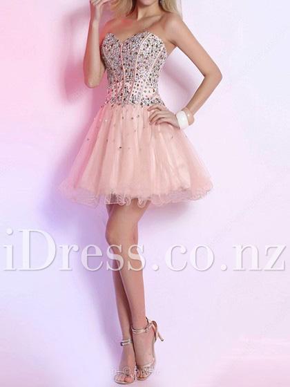 زفاف - Chic Rhinestone Beaded Boning Bodice Peach Mini Tulle Prom Dress