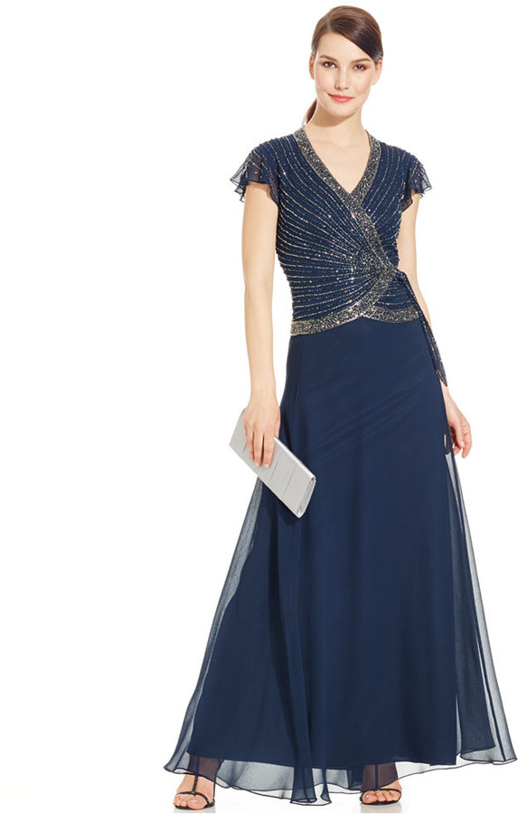 Hochzeit - J Kara Flutter-Sleeve Embellished Side-Tie Gown