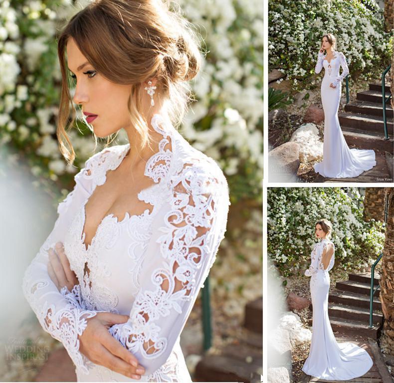 Свадьба - 2015 New High Neck Long Sleeve Wedding Dresses Appliques Lace Sexy Open Back Vintage Wedding Gowns For Summer Online with $146.48/Piece on Hjklp88's Store 