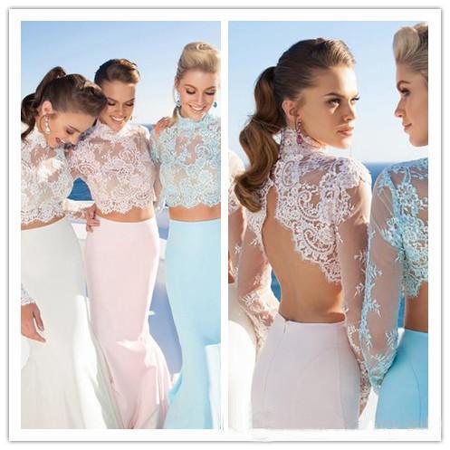 Mariage - 2015 High Neck Two Pieces Evening Dresses Lace Top Long Sleeves Backless Satin Skirt Beach Prom Gowns Floor Length Pageant Dress TE92559 Online with $99.18/Piece on Hjklp88's Store 