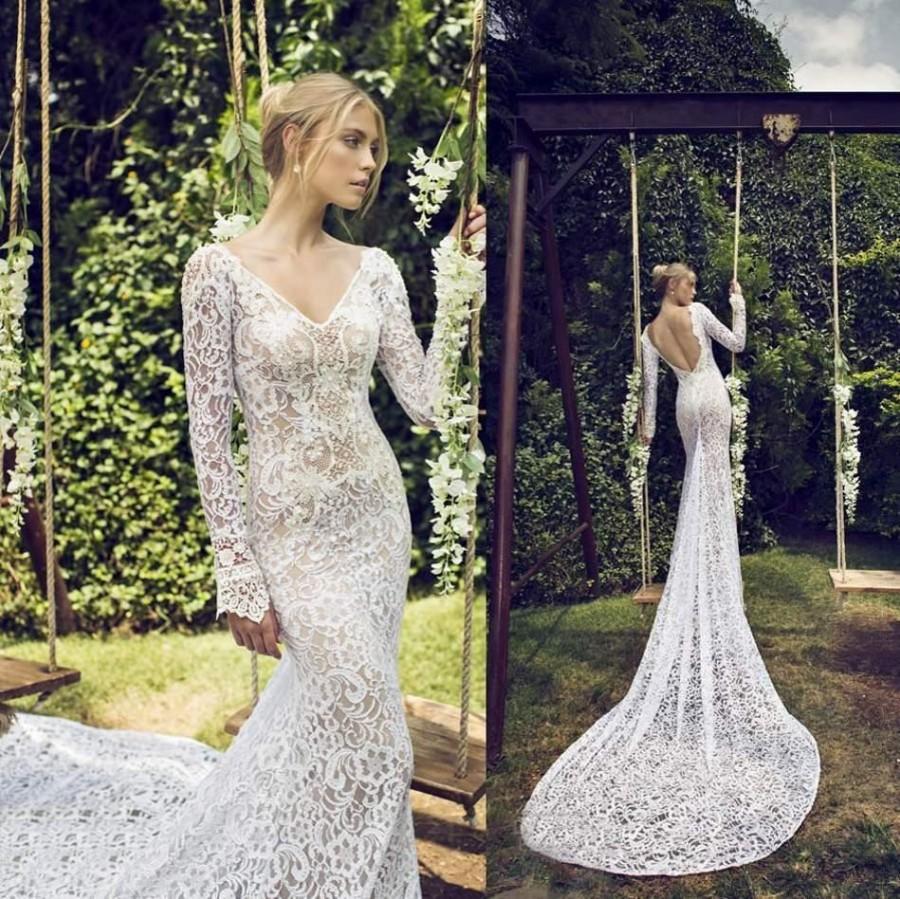 Wedding - Fashion Long Sleeve 2015 Wedding Dresses Cheap Full Lace Bride Gowns V Neck Custom Made Sexy Sheer Backless Chapel Train Plus Size Ruched Online with $122.56/Piece on Hjklp88's Store 