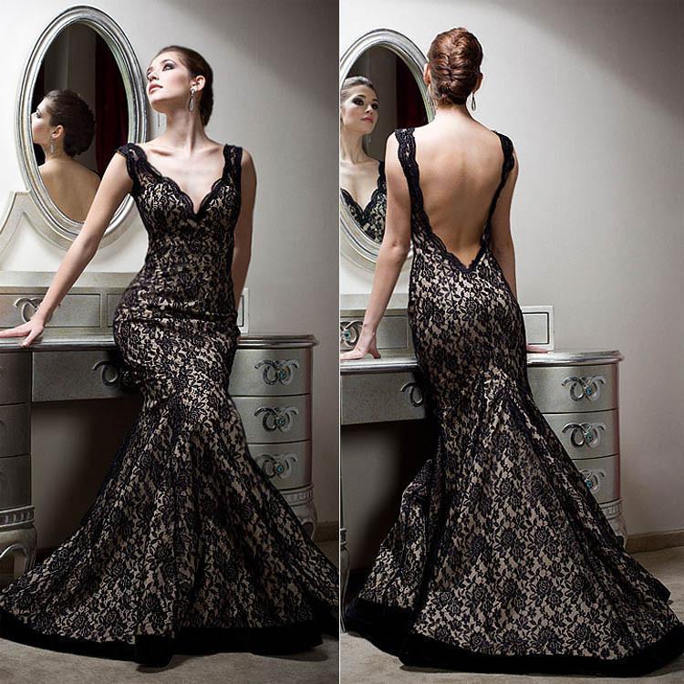 Mariage - New Arrival 2014 Evening Prom Dresses Sheer Straps Sexy Cheap Mermaid V Neck Long 2015 Celebrity Gowns Party Dress Backless With Black Lace Online with $118.58/Piece on Hjklp88's Store 