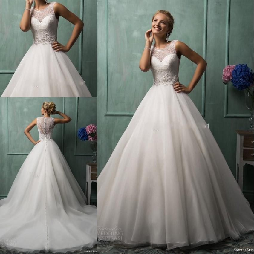 Wedding - Hot Selling A Line Wedding Dresses With Lace Appliques Buttons On Back Sheer Jewel Neck Amelia Sposa Bridal Gowns Court Train Custom Online with $111.27/Piece on Hjklp88's Store 