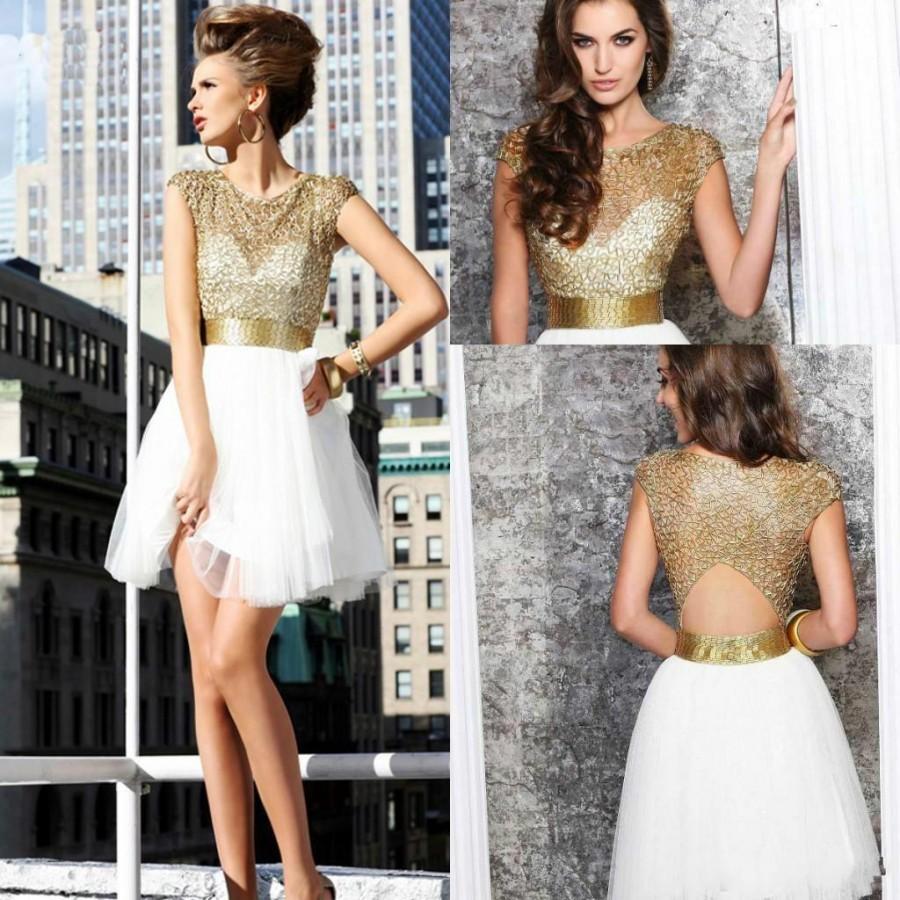 Wedding - 2014 Tarik Ediz Cocktail Dresses Gold Crystal Beaded A Line Jewel Neckline Backless Homecoming Gowns Waist Fashion Party Prom Gowns Online with $108.05/Piece on Hjklp88's Store 