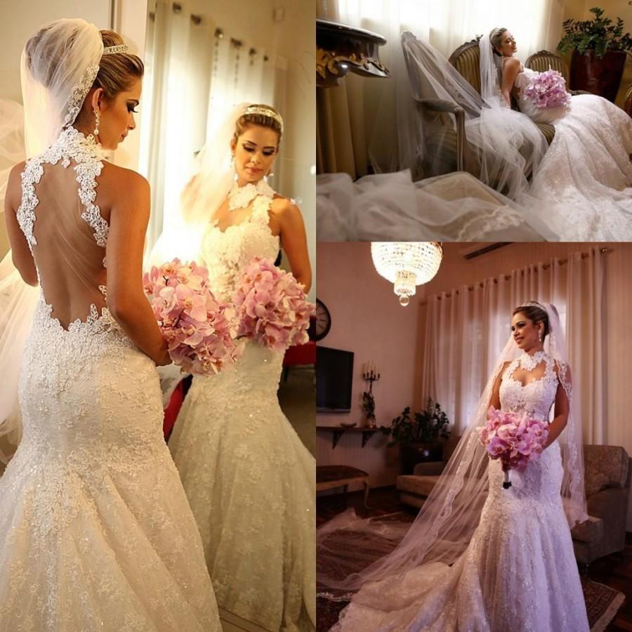 Mariage - Luxurious Mermaid Lace Wedding Dresses Applique Beaded Sequined Bride Gowns High Collar Sheer Backless Wedding Gowns Sweep Train Online with $136.27/Piece on Hjklp88's Store 