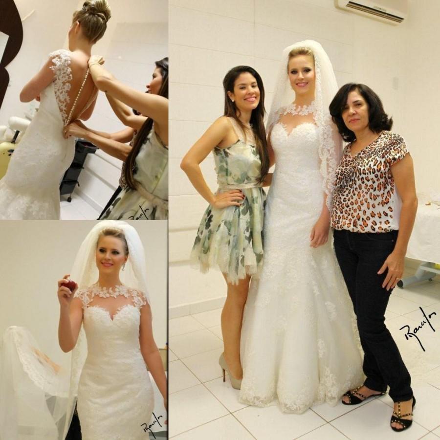 Свадьба - Stunning Mermaid Wedding Dresses Sheer High Collar Lace Appliques Bride Gowns Custom Made Sleeveless Sequined Covered Button Back Online with $126.59/Piece on Hjklp88's Store 