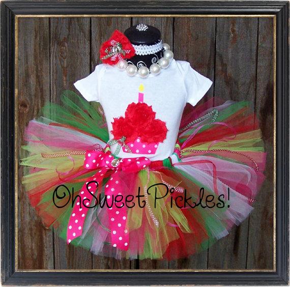 Mariage - CANDIED APPLE - Includes Birthday Tutu Skirt Set, Hairclip/Headband And 3D Cupcake Shirt - Newborn, 1st, 2nd, 3rd, 4th, 5th, 6th,  7th