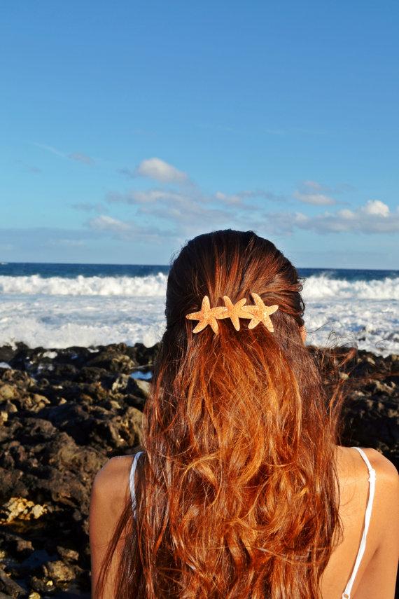 زفاف - Triple Starfish Mermaid Nautical Barrette/Hair Clip Accessories - Bridal Accessories, Destination Beach Wedding, Ariel Mermaid Hairclip