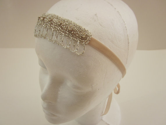 Mariage - 1920's Headpiece Flapper Headband Great Gatsby Silver Wedding Hair Accessories Costume Beaded Headband