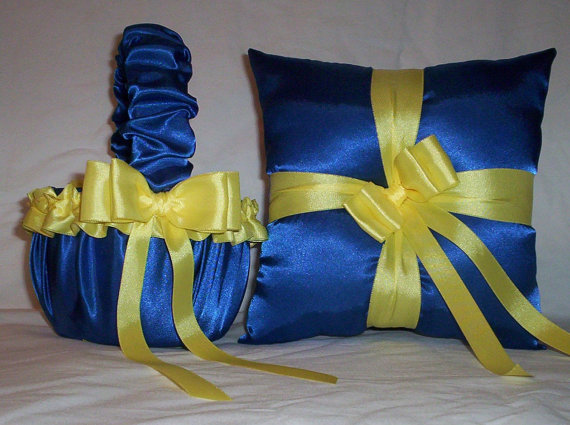 زفاف - Blue Horizon Satin With Yellow Trim Flower Girl Basket And Ring Bearer Pillow