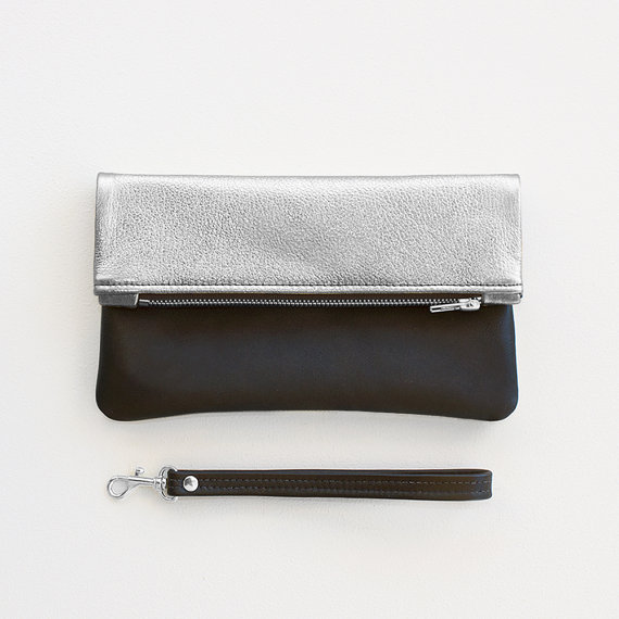 Wedding - Silver and Black Fold Over Clutch, Metallic Silver and Black Leather Fold Over Wristlet, Leather Wedding Clutch, Evening Clutch