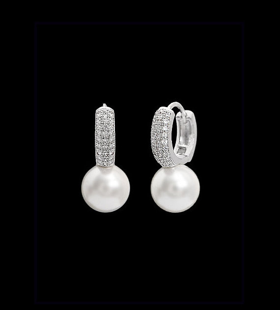 زفاف - STERLING SILVER Wedding bridal bridesmaid party White shell pearls with white gold silver click style 8mm hoop earrings with cubic zirconia