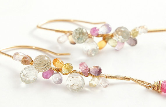 زفاف - Multi Sapphire Gemstone Statement Earrings Aquamarine PInk Tourmaline Bridal Wedding Party Jewelry