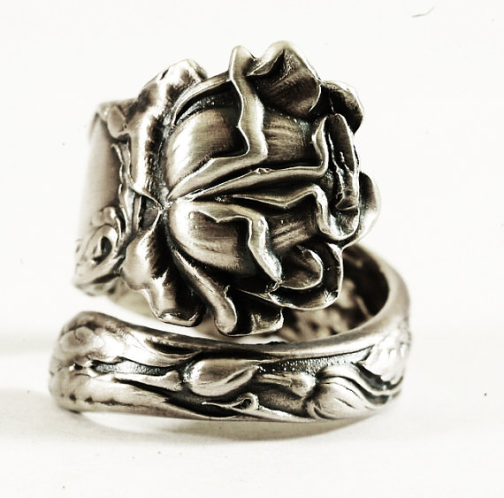 زفاف - Bridal Rose Sterling Silver Spoon Ring by Alvin Co, Engraved "J", Handmade & Adjustable to Your Size (3975)