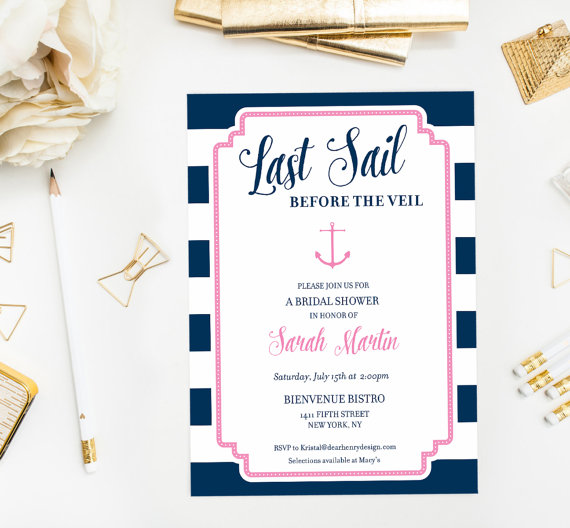 Свадьба - Last Sail Before the Veil Nautical Bridal Shower Invitation, Anchor Invite, Lingerie Shower, Pink Navy Stripe Wedding Shower, Tying the Knot