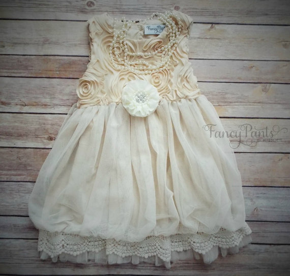 Hochzeit - Flower girl dress, Beige Toddler dress, Country Flower girl Dress, Rustic Wedding, Vintage flower girl dress, Beach Wedding,  Ivory