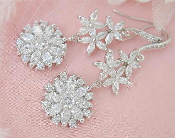 Hochzeit - Wedding Jewelry Bridal Earrings Bride Jewelry Crystal Jewelry Wedding Jewelry CZ Crystal Dangle Earrings Floral Earrings Garden Earrings