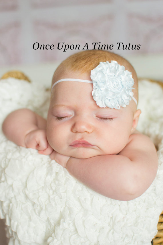 Свадьба - SALE Single Icy Blue Satin Swirl Shabby Chic Flower Skinny Headband - Photo Prop - Newborn Baby Hair Bow - Infant Girl Hairbow - Winter