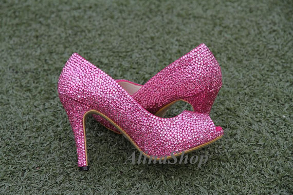 Mariage - Pink Crystals Wedding Shoes Open toe Heels Hot Pink rhinestone Bling Prom Shoes wedding heels sparkle crystals shoes peep toe heels wedding