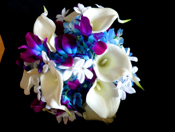 Hochzeit - Purple blue galaxy orchid and calla lily bridal bouquet, dendrobium orchid and calla lily bouquet with hydrangeas