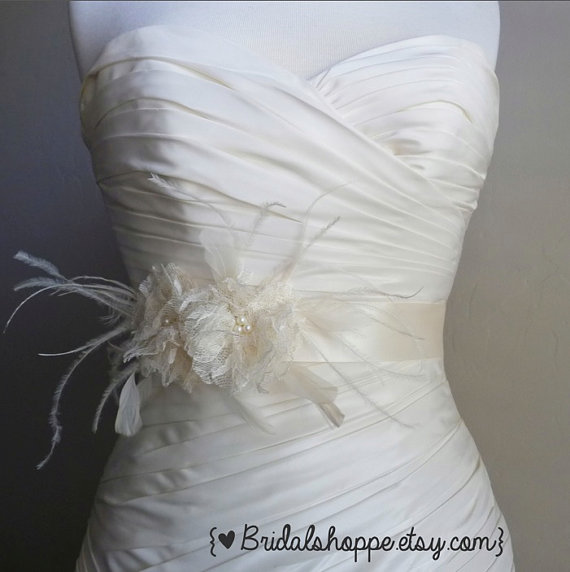 Hochzeit - Ashley Lace Bridal Sash Belt- Two Ivory Lace flowers on Ivory Satin with Ostrich Feathers