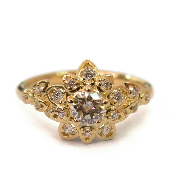 Hochzeit - Diamond Art Deco Petal Engagement Ring - 18K Gold and Diamond engagement ring, leaf ring, flower ring, antique, vintage, halo ring