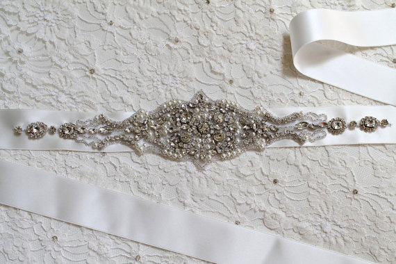 Mariage - Bridal beaded rhinestone pearl sash. / Vintage style crystal applique wedding belt. VINTAGE MOSAIC DELUXE