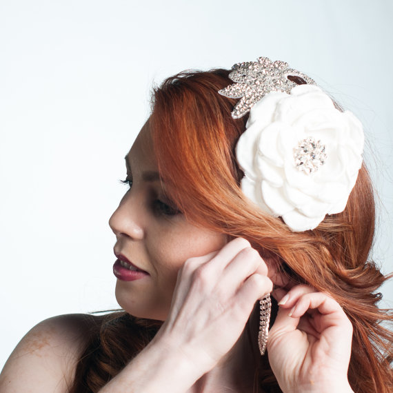 Mariage - Hand Pressed Flower and Rhinestone Headband Hair Accessory for Wedding or Special Occasion