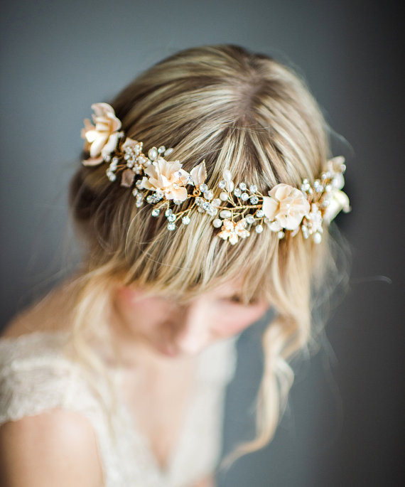 زفاف - Boho Gold Halo Hair Wrap, Gold Hair Wreath, Wedding Gold forehead band, Gold Wedding Flower Hair Vine, Boho Wedding Headpiece - 'VALENTINA'