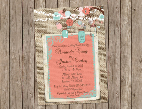 Wedding - Coral and Turquoise, Burlap Wedding Invitation, Bridal shower, shabby wood & mason jars, string of lights, Digital file, Printable