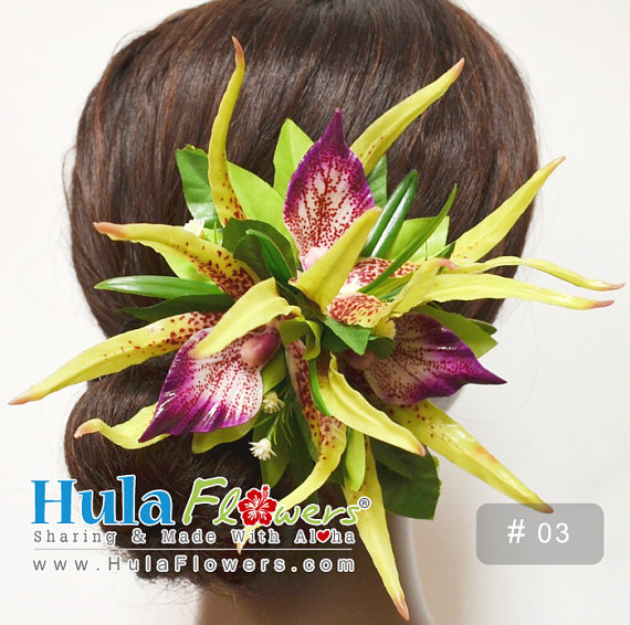 زفاف - Hawaiian Orchid Hair Clip For Hula Dancer, Wedding, Beach Party Hair Accessories, Gift Idea, Hand Made Flowers.
