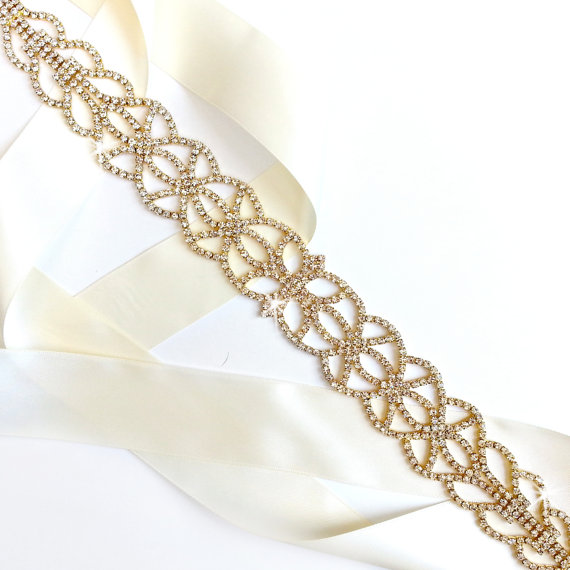 Hochzeit - Art Nouveau Rhinestone Wedding Dress Sash in Gold - Rhinestone Encrusted Bridal Belt Sash - Crystal Extra Wide Wedding Belt