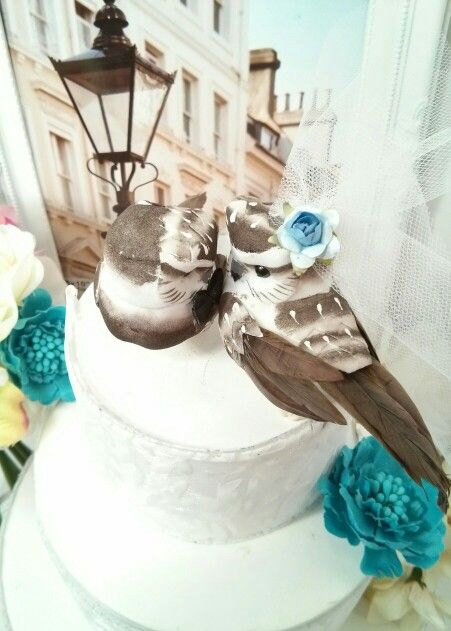 Wedding - SPRING SALE! wedding cake topper lovely barn earthy blue and  brown owl  -choose your female head flower