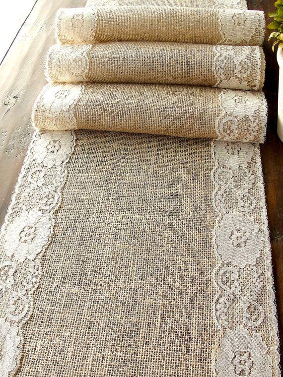 Mariage - Natural Burlap And Lace Table Runner Wedding Table Runner With Country Cream Lace Rustic Wedding Party Linens , Handmade In The USA