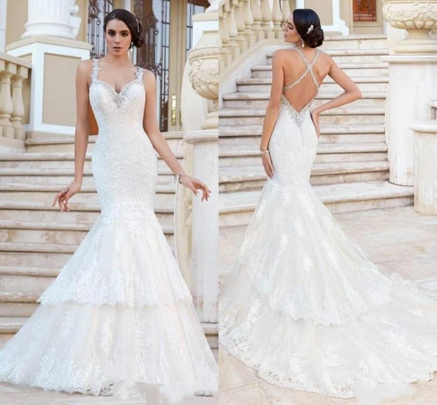 Mariage - New 2015 Romantic Wedding Dresses Mermaid Lace Sexy Spaghetti Strap Applique Beads Criss Cross Sweep Train Dresses Beautiful Wedding Gowns Online with $116.11/Piece on Hjklp88's Store 