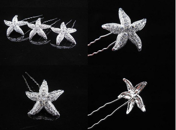 Hochzeit - Bridal Starfish Hair Pin Wedding Starfish Hair Jewelry Starfish Hair Accessory Hairpins Set of 3