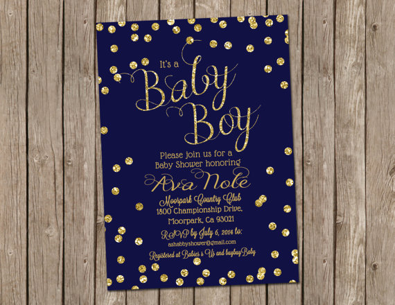 Свадьба - Confetti Baby Boy Shower Invitation, Navy and Gold, glitter, Digital file