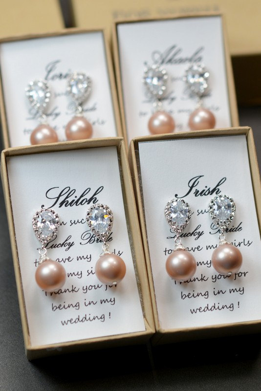 زفاف - Wedding Jewelry Bridesmaid Gift Bridesmaid Jewelry Bridal Jewelry Swarovski  Pearl Drop Earrings Cubic Zirconia .Silver champagne wedding