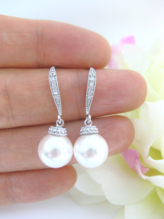 Свадьба - Bridal Pearl Earrings Swarovski 10mm Round Pearl Drop Dangle Earrings Bridesmaid Earrings Wedding Jewelry Bridesmaid Gift (E005)