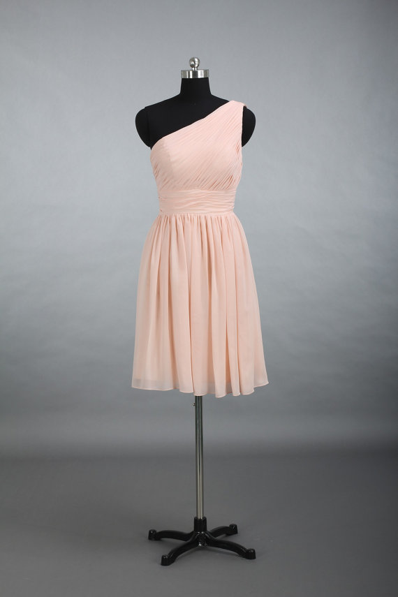 Свадьба - Pearl Pink One-Shoulder Bridesmaid Dress,  A-Line Short Chiffon Bridesmaid Dress With Ruffle