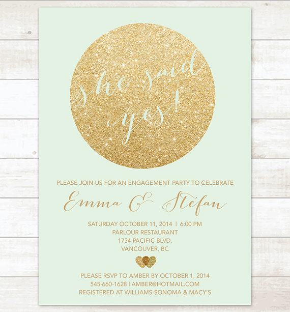 Hochzeit - mint gold engagement party invitation, mint and gold glitter printable invitation, modern shower digital invite customizable