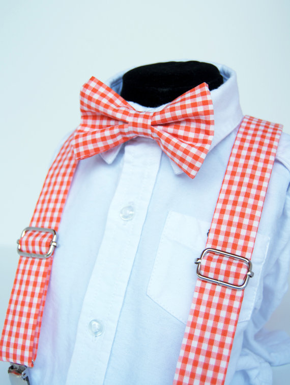 Hochzeit - Orange Gingham Bow Tie & Suspenders Set  - Baby Toddler Child Boys  - Wedding