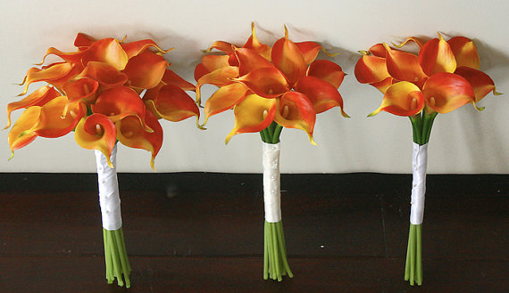 Свадьба - Silk Wedding Bouquet with Orange Calla Lilies - Natural Touch Callas Silk Bridal Flowers