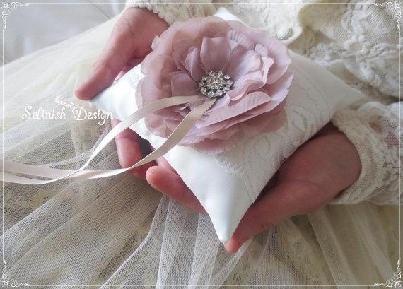 Hochzeit - Ring Bearer Pillow, Vintage Wedding Ring Pillow, Rustic Wedding, Taupe Flower Ring Pillow- code:RP154vintage