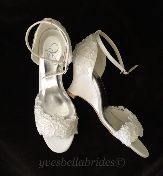 Wedding - BELLA - Lace Bridal Wedges Shoes,  Lace Bridal Shoes, Wedding Wedges Shoes 3 inch, Bridal Lace Shoes, Vintage Alencon Lace Bridal Shoes